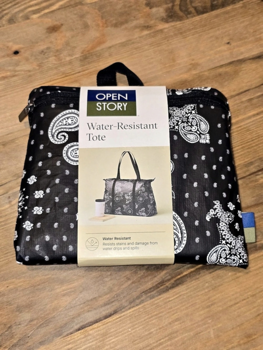 Open Story 14" Americana Black Paisley Packable Tote Bag Water Resistant NWT